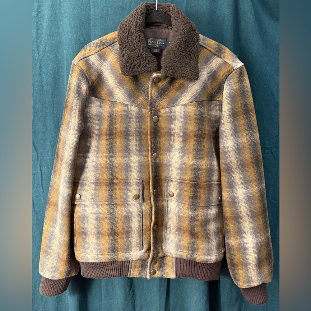 Pendleton Plaid Wool Shirt Jacket with Sherpa Collar - Brown and Yellow Tones